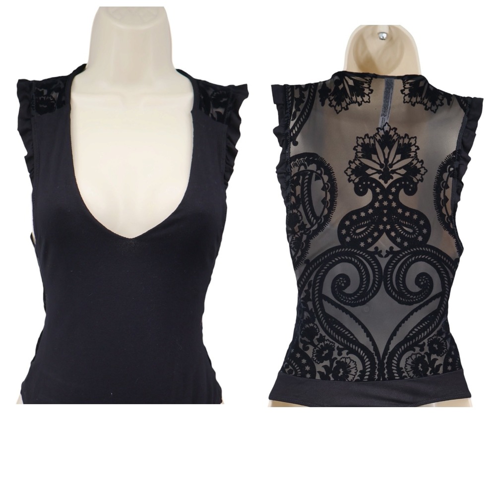 Free People‎ Intimately Black Flocked Velvet Paisley Mesh Back Bodysuit XS NWOT